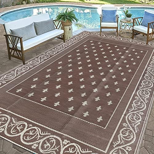 Pauwer Waterproof Outdoor Rug 9x12, Plastic Patio Rug, Bordered Brown