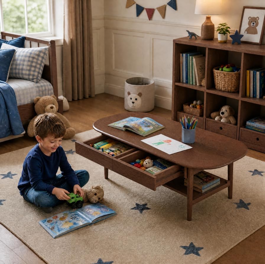 100% Solid Oak Wood Coffee Table with Storage for Living Room, 47.24"W
