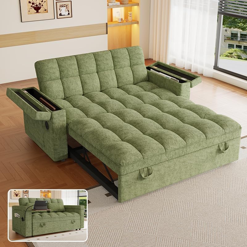 65" Sleeper Sofa Bed with USB Charging Ports, Chenille Futon Loveseat