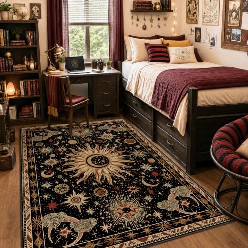 Vacuum-Friendly, 5x7 Washable Area Rug, Black Gold Beige Red