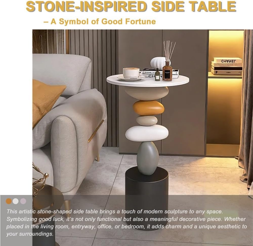 Stone-Shaped Side Table, Resin & Wood End Table, Sofa Side Table for Livi...