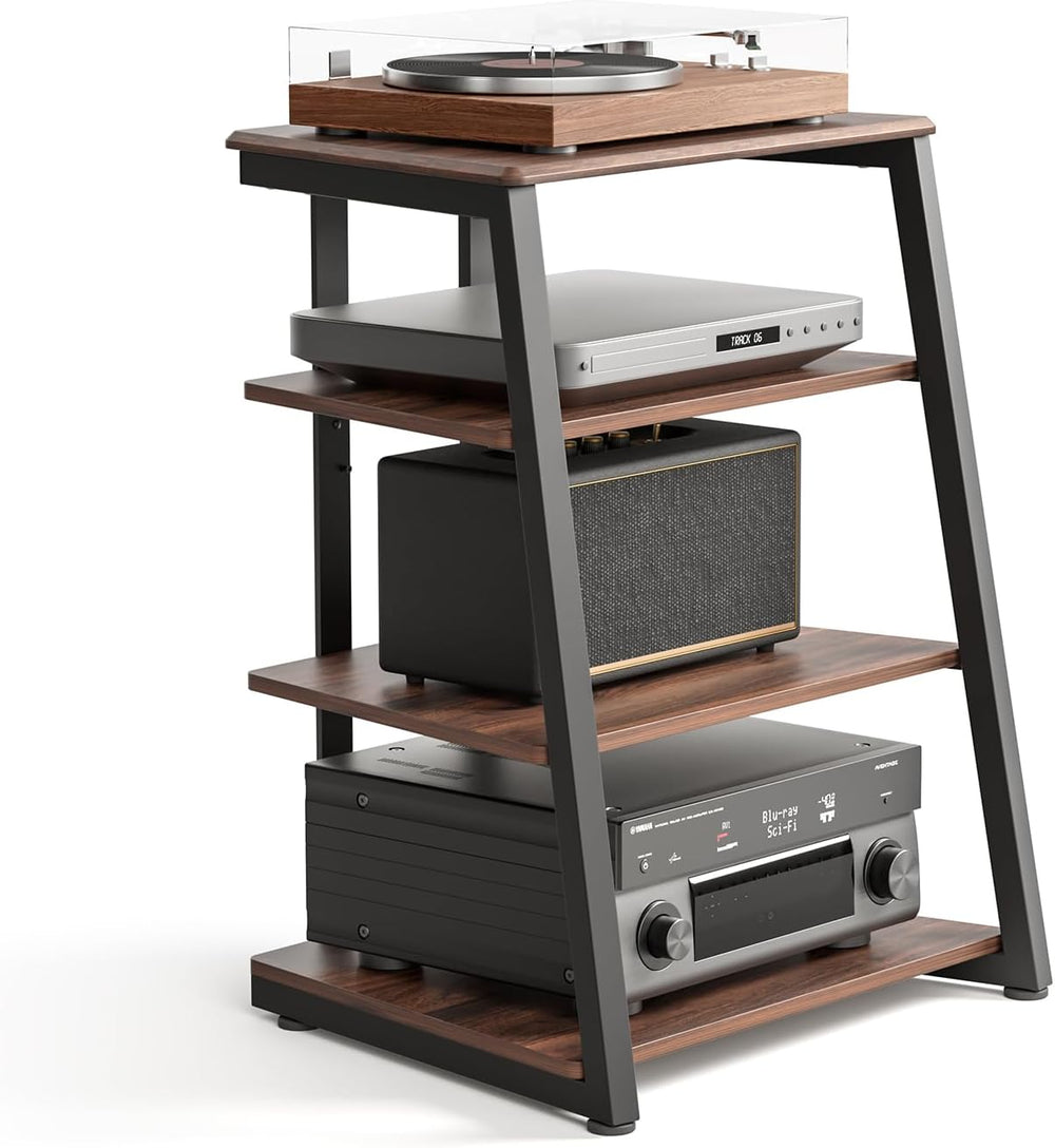 FITUEYES 4-Tier AV Media Stand Corner Shelf for Record Player Wooden Stereo C...