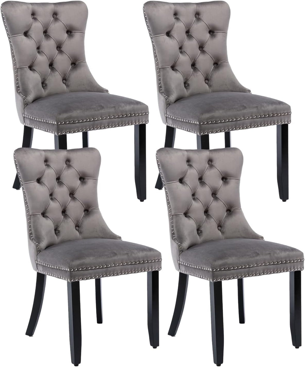 Grey Velvet Dining Chairs Set of 4, Upholstered Dining Room Chairs with Back ...