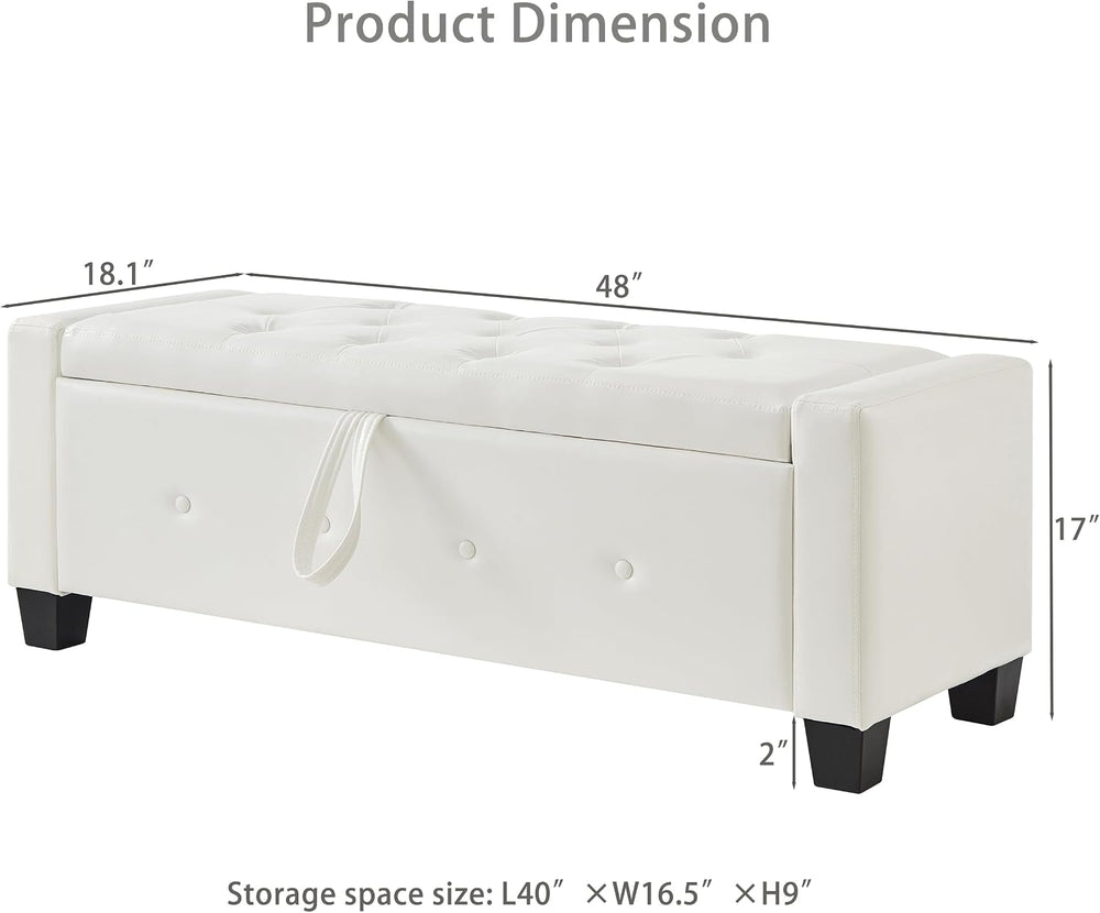 48" Storage Ottoman Bench, Ivory White | Faux Leather, Lift Top, For Liv...