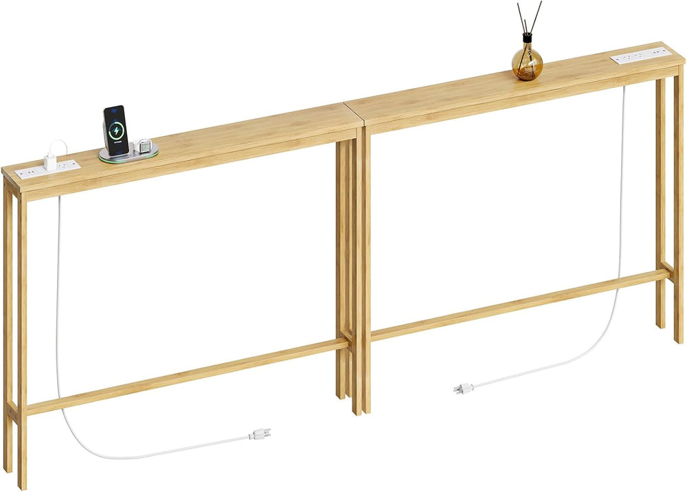 ELYKEN Bamboo Narrow Console Table with Charging Station, 2 Pack Slim Sofa Ta...