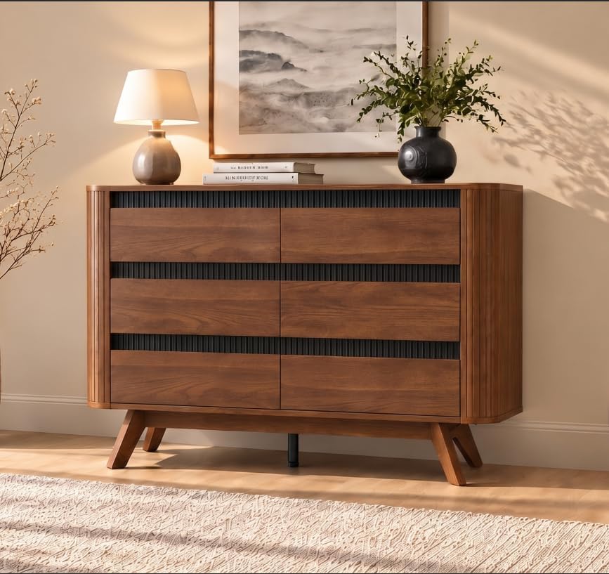OURPIC Fluted 6 Drawer Dresser for Bedroom, 47W x 31H, Modern Walnut Brown