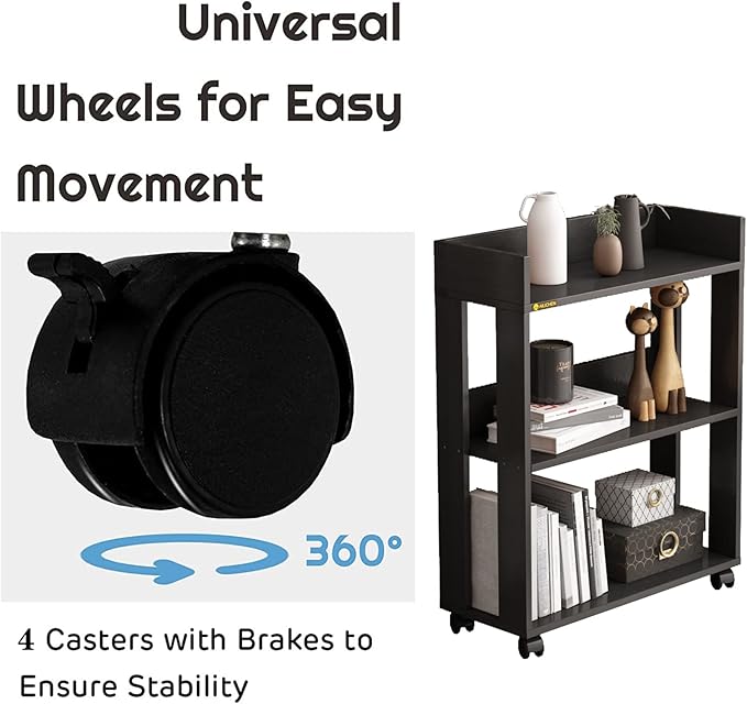 ALISENED Small Bookshelf and Bookcase, 3 Tier Wood Nightstand with Wheels, Mo...