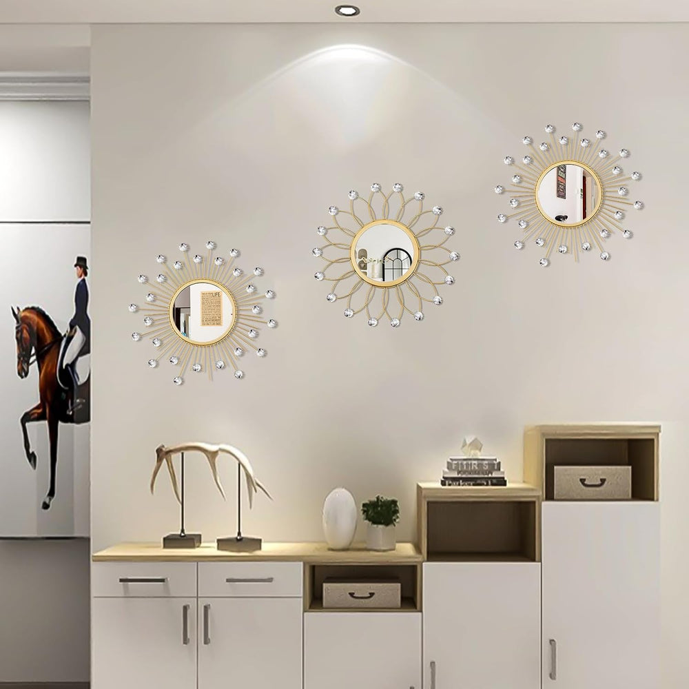 3 Pack Metal Mirrors for Wall Sunburst Wall Mirror Gold Crystal Home Accent
