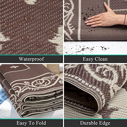 Pauwer Waterproof Outdoor Rug 9x12, Plastic Patio Rug, Bordered Brown