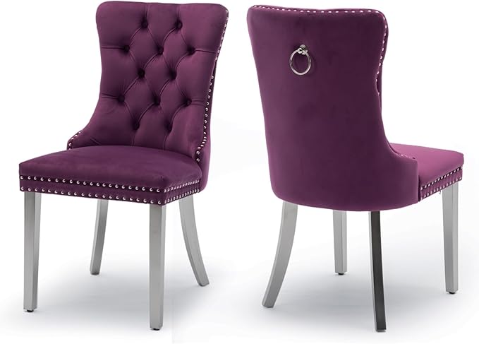 Velvet Upholstered Dining Chairs Set of 2, Modern Kitchen Side Chairs with Na...