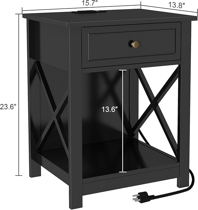 Treocho Black End Table Set of 2,Nightstand with Charging Station, X-Design S...