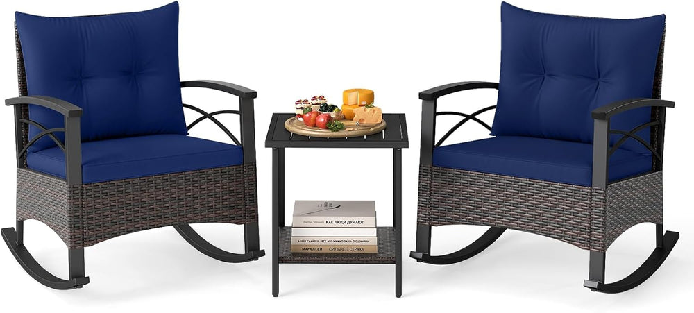 Tangkula 3 Pieces Wicker Outdoor Rocking Chairs Set