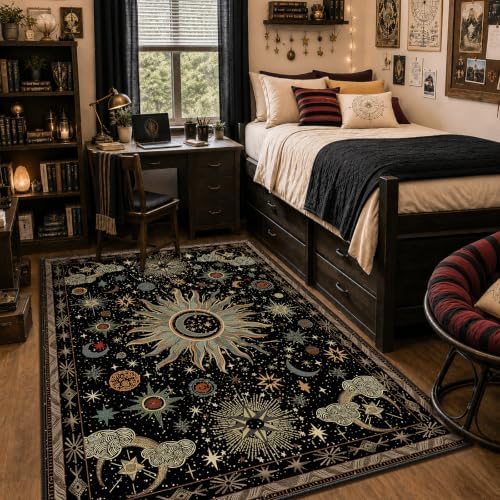 Vacuum-Friendly, 5x7 Washable Area Rug, Black Green Blue