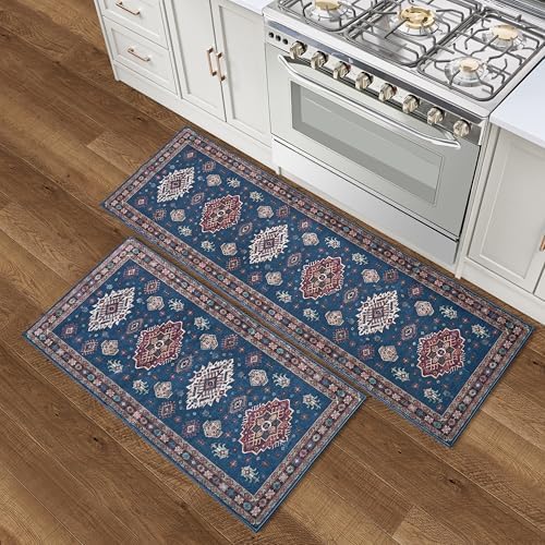 Wyatt & Ash Dream Mink Washable 2-Piece Set Billie Navy/Red Medallion 24"x72" Runner & 24"x48" Accent