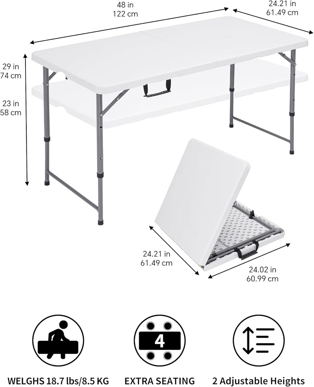 Folding Camping Table 4 Foot Adjustable Height 350lbs, 4FT Folding Picnic Car...