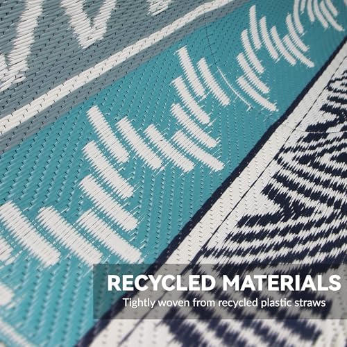 Outdoor Rug 8 x10 ft, Plastic Rug for Patio, Blue & Grey