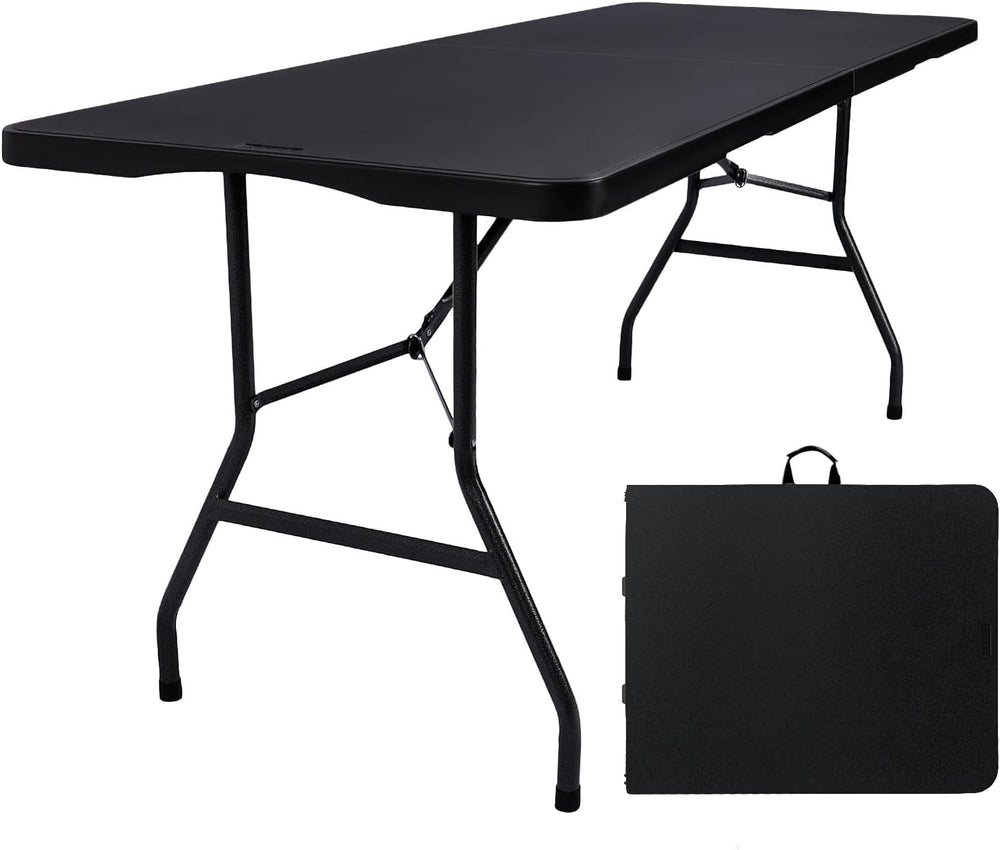 Folding Table 6ft, Heavy Duty Plastic Fold-in-Half Utility Table, Black | Por...