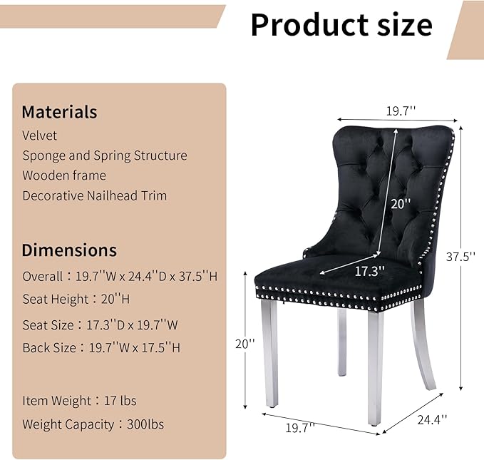Luxury Upholstered Dining Chairs Set of 6, Black Kitchen Chair with Silver Me...