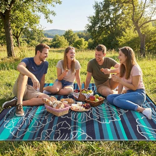 Garvee 5x8 Outdoor Waterproof Rug Reversible Straw Patio Rug Black&Blue