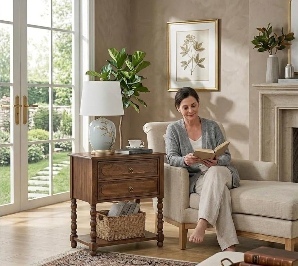 HULALA HOME Farmhouse Storage End Table Set of 2 with 2 Drawers and Open Shel...