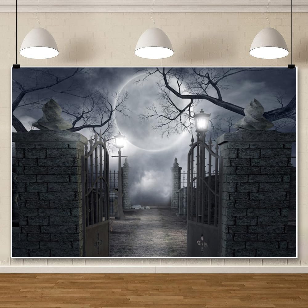 10x8ft Halloween Full Moon Cemetery Forest Photo Backdrop Decor