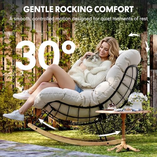 FLEXISPOT Outdoor Papasan Rocking Chair with Thick Cushion,Beige