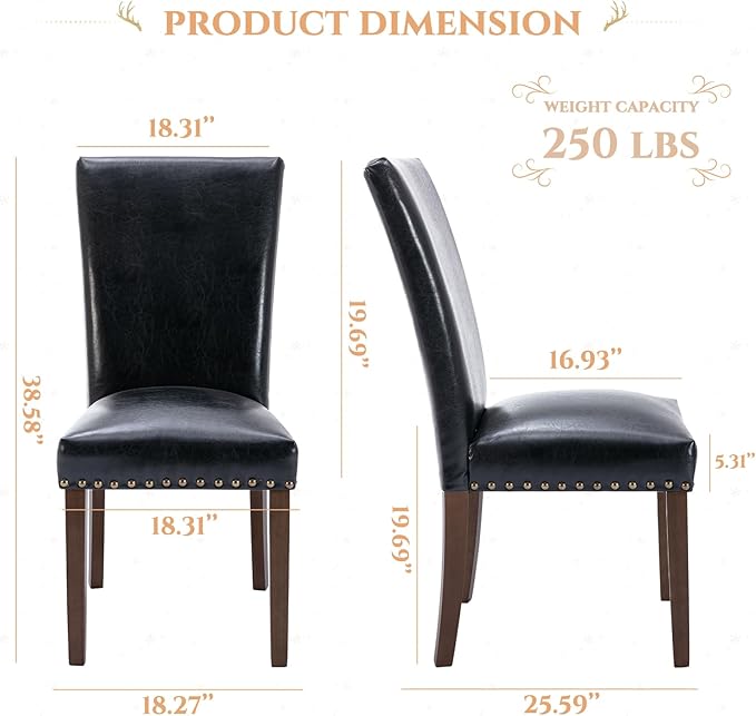 Parsons Dining Chairs Set of 2, Upholstered Nailhead PU Leather Dining Room K...