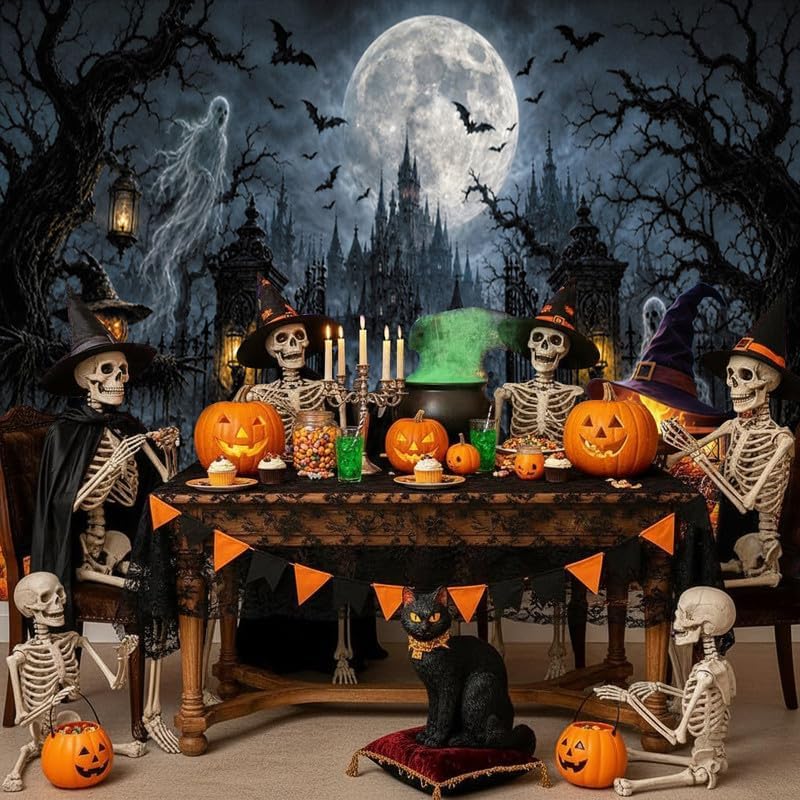 Halloween Graveyard Castle Backdrop 10x8ft, Spooky Ghost Pumpkin Gothic Haunt...