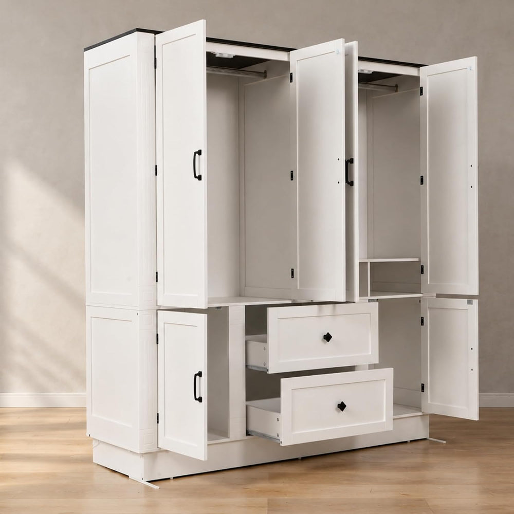 63"W White 6-Door Armoire Wardrobe Closet, 2 Drawers, LED Lights