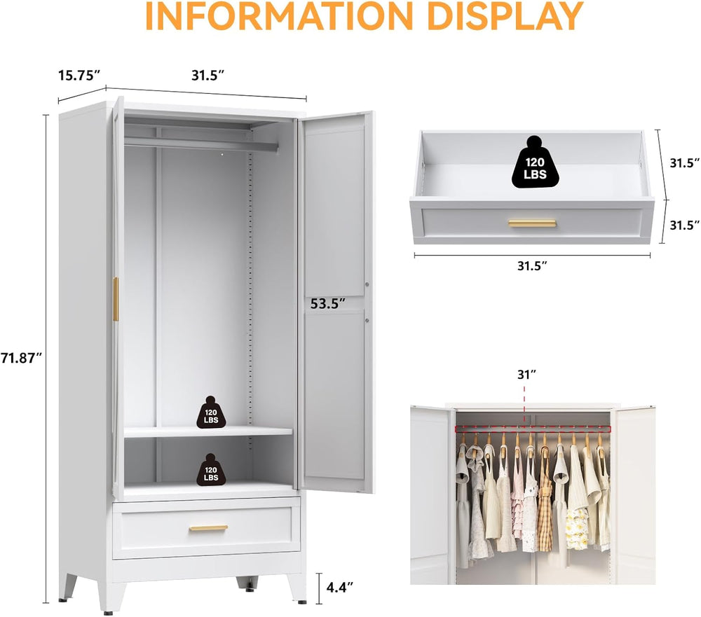 COFaR 71 Farmhouse Metal Wardrobe Closet with Hanging Rod, 2 Barn Doors, Adju...