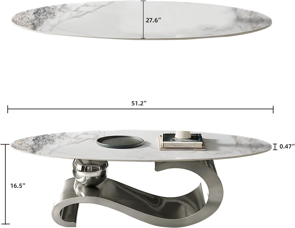 52" Oval Marble Coffee Table for Living Room, Modern Stainless Steel Sil...