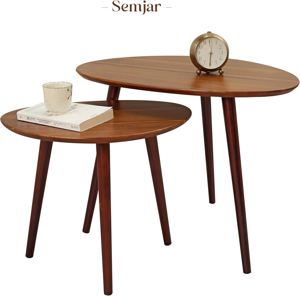 Small Oval Nesting Coffee Tables Set of 2,Solid Acacia Wood Top,Pebble-Shaped...