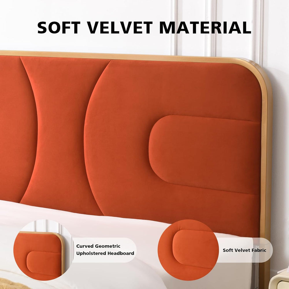 VELOCAVA Full Size Velvet Upholstered Platform Bed with Headboard, Modern Rou...