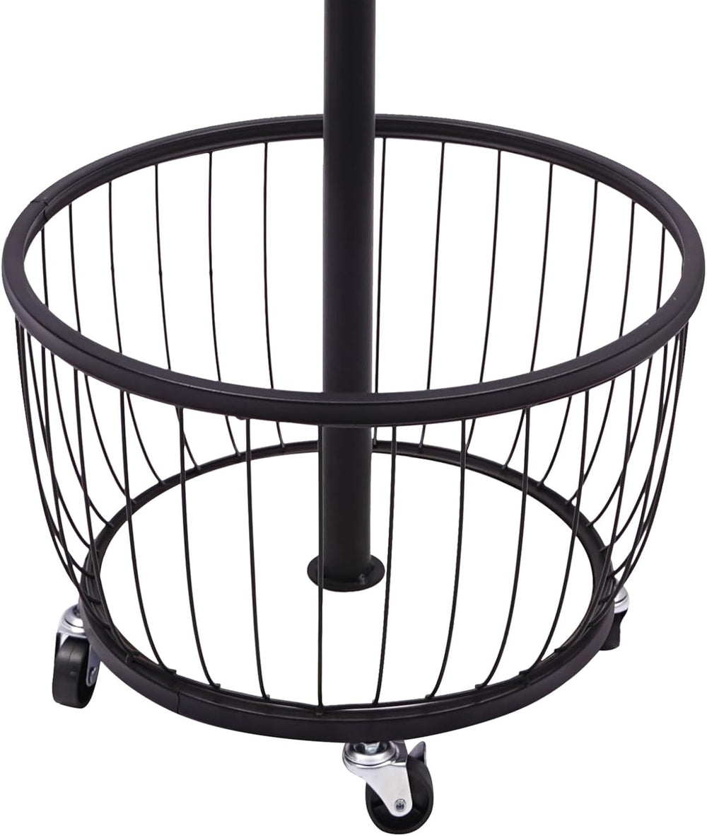 Floor Standing Coat Rack with Storage Basket and Wheels,Carbon Steel Hall Tre...