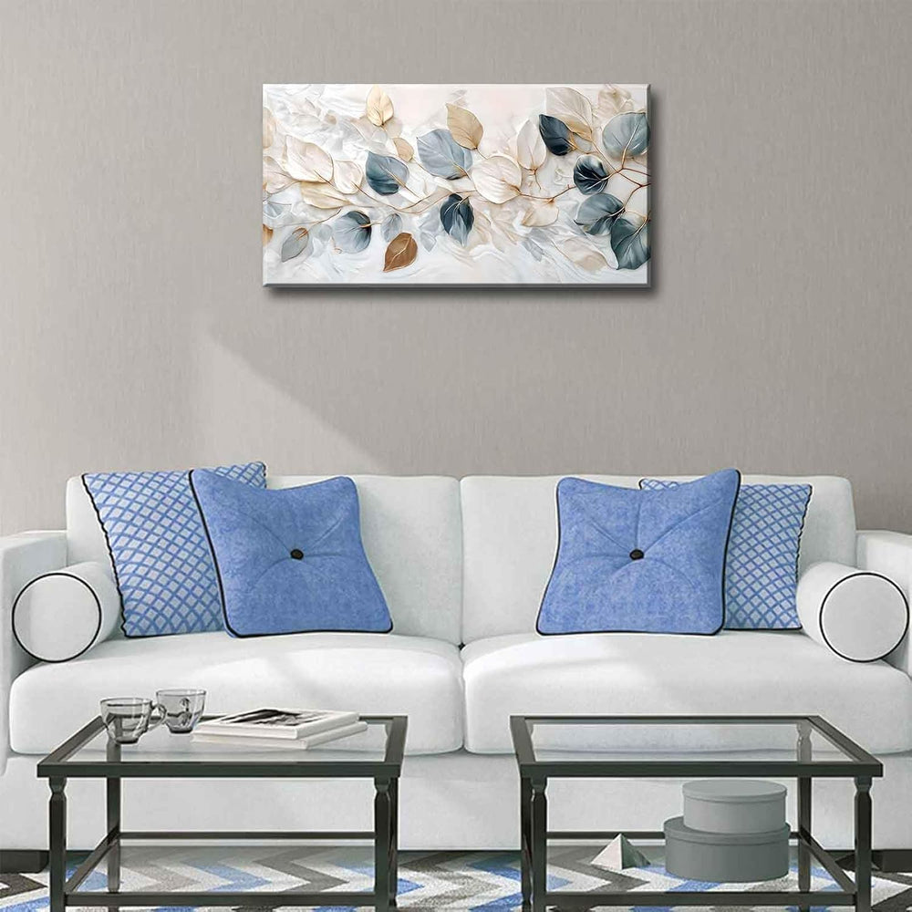 Large Living Eucalyptus Leaf Canvas Wall Art Teal White Botanical Abstract De...