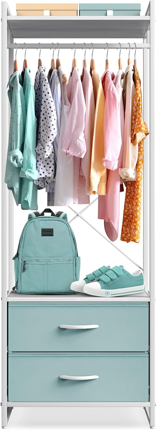 Sorbus Tall Clothing Rack with Drawers, Wood Top (Aqua)