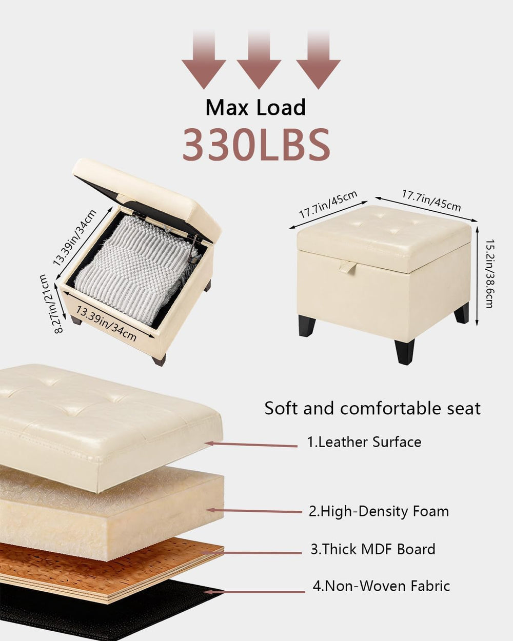 Asense 17 Inch Storage Ottoman Foot Rest,Square Faux Leather Foot Stool,Small...