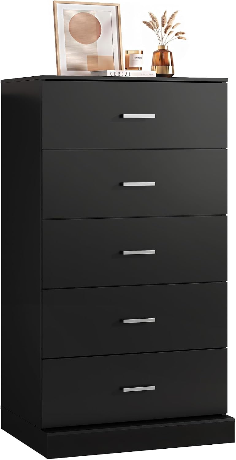 WLIVE Black 5 Drawer Dresser Tall for Bedroom with SGS-Tested Anti-Tip