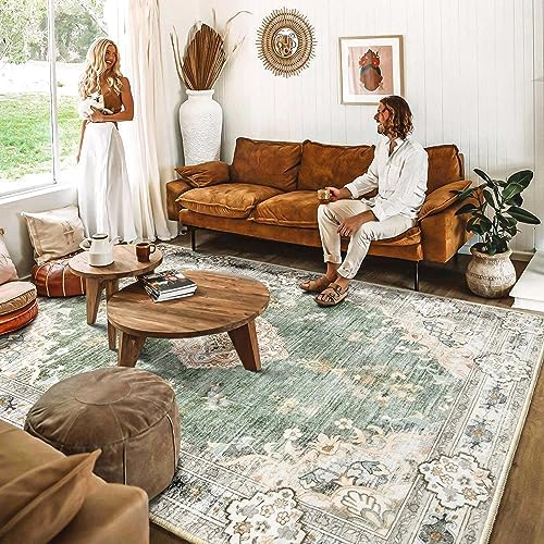 MUJOO Green Rug 8x10 Washable Area Rugs Non Slip Low-Pile Floral Large
