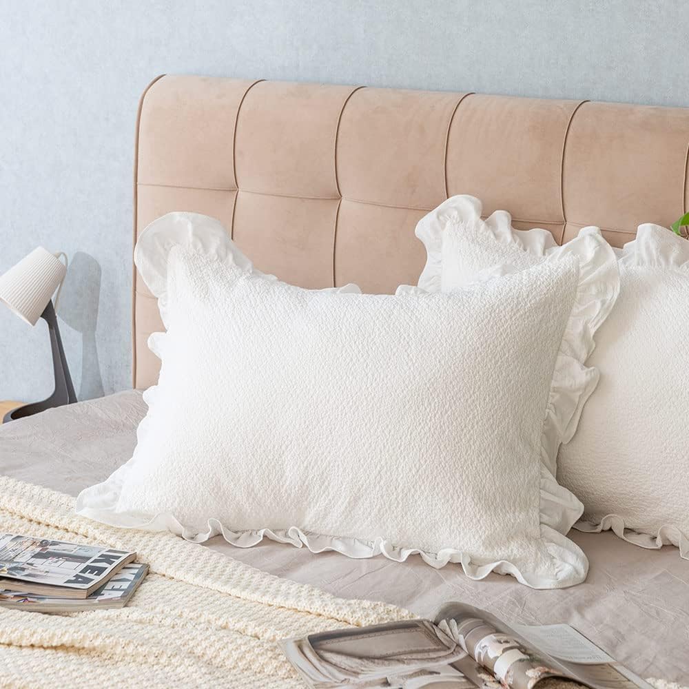Pillow Shams Set of 2 Pure Cotton Champray Ruffled Edge,Thick and Solid Washe...