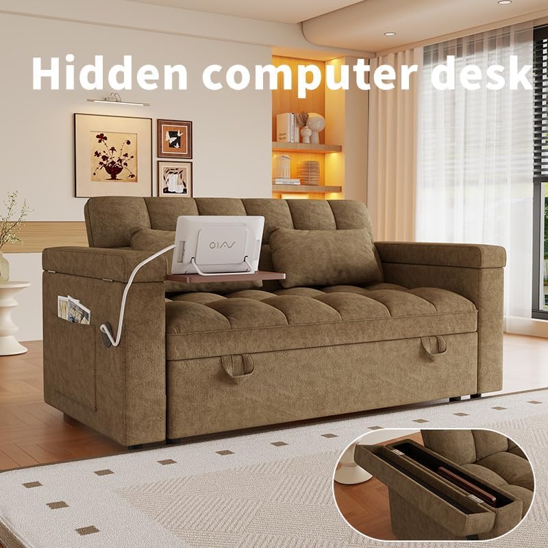 65" 3-in-1 Convertible Sofa Bed, Folding Chenille Loveseat Sleeper