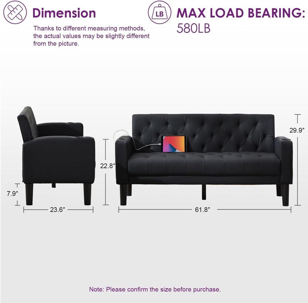 TYBOATLE Mid-Century Modern Tufted Black Faux Leather Loveseat Sofa Set w/ 2 ...
