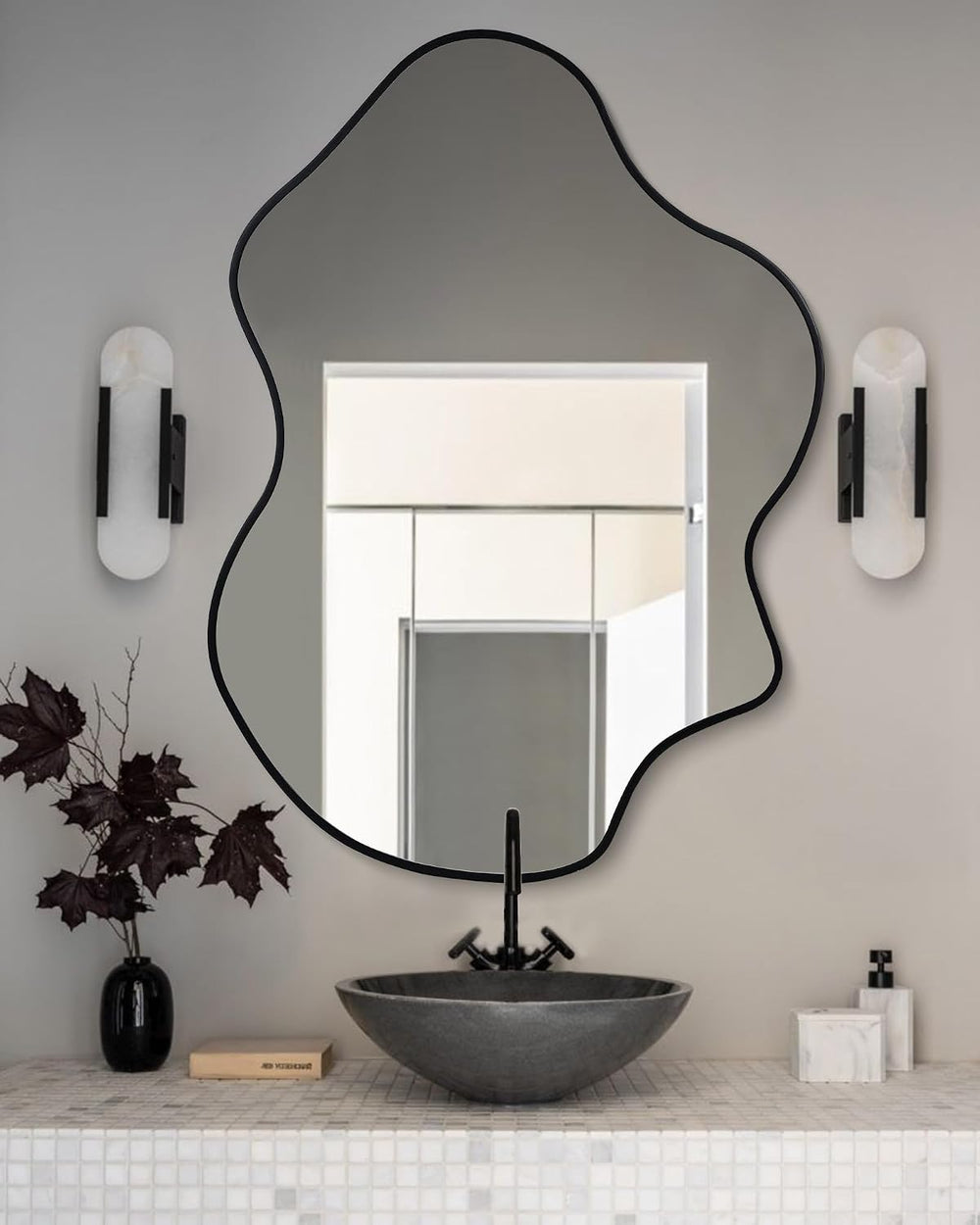 CULER Irregular Black Bathroom Wall Mirror,24 x 36 Inch Asymmetrical Vanity