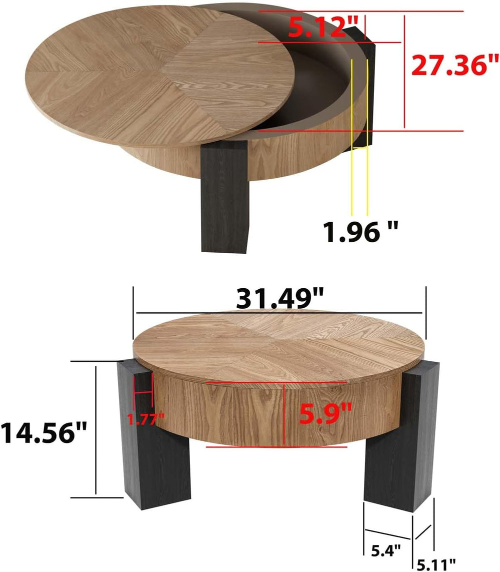 Round Coffee Table with Hidden Storage & 3 Block Legs