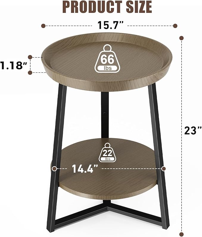 Gadroad Round End Table with Storage Shelf, 2 Tier Farmhouse Side Table Night...
