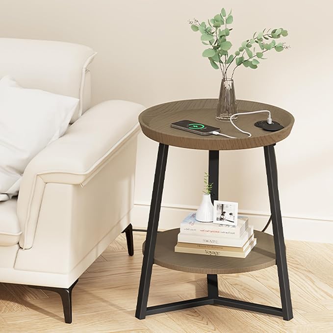 Gadroad Round End Table with Charging Station, USB Ports, Wood Tabletop &...