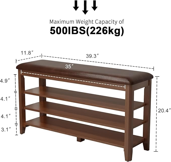 Shoe Bench with Leather Cushion, 3 Tiers Shoe Storage Bench Height Adjustable...