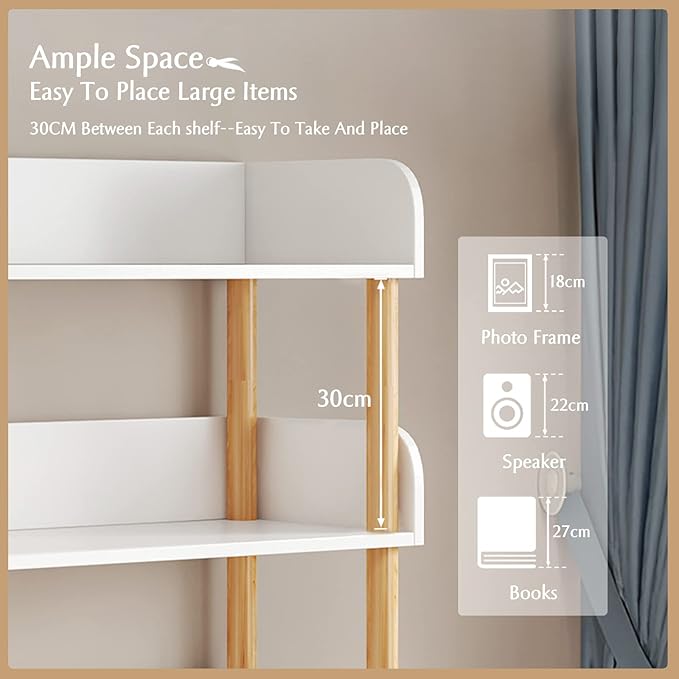 4-Tier Wooden Open Bookcase - Modern Display Bookshelf with Side Panels and S...