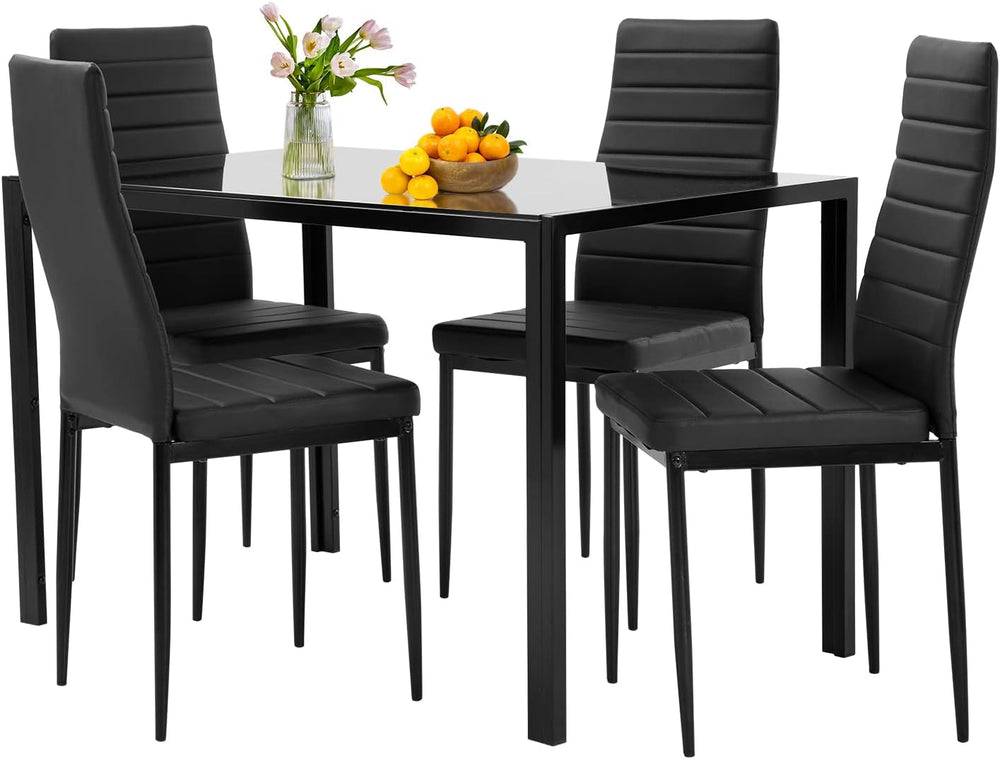 FDW | 5-Piece Dining Table Set | Black | Glass Kitchen Table with 4 Upholster...