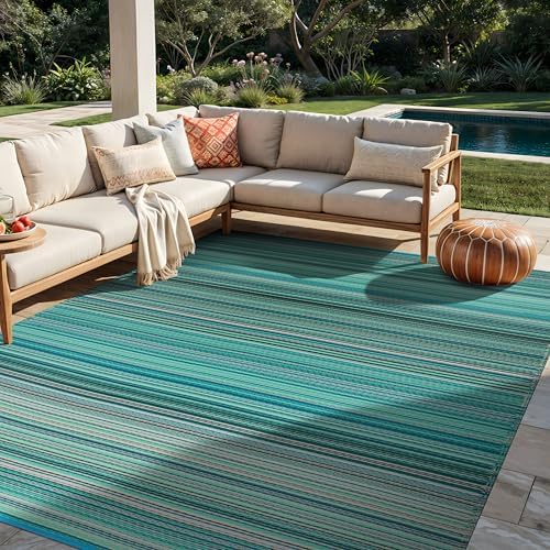 Rugshop Contemporary Stripe Patio Deck Backyard Area Rug Blue 5' x 7'